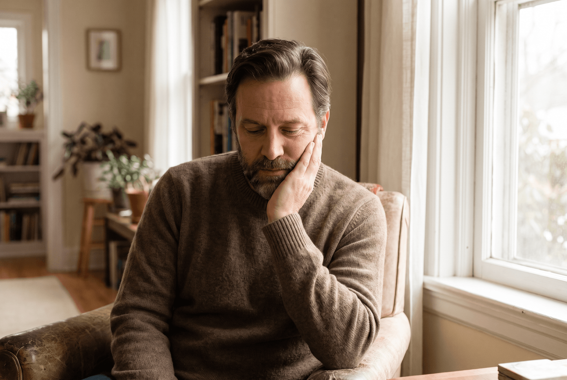Man at home holding his jaw in discomfort