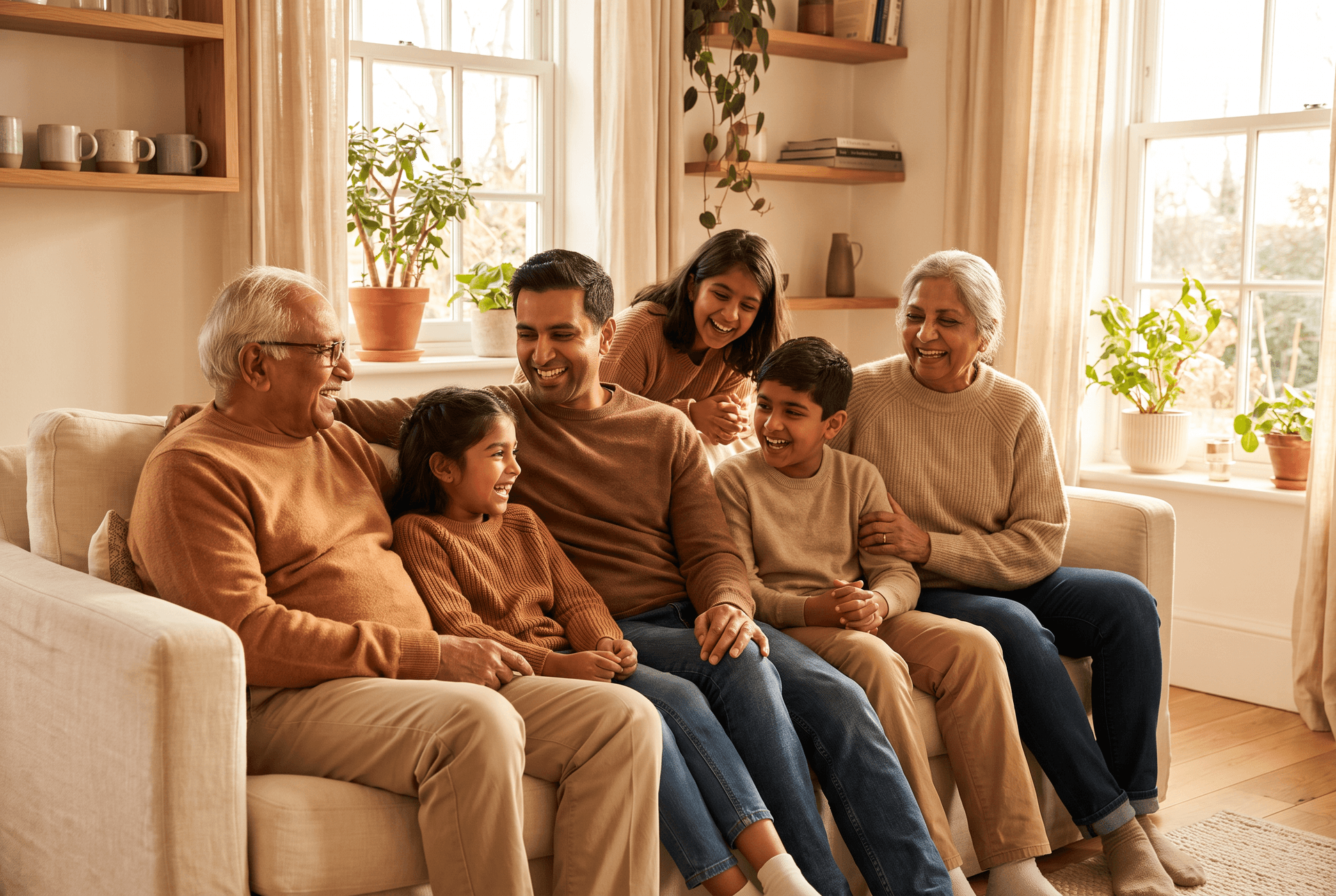 A multigenerational family laughing on a sofa